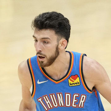 Jun 13, 2025; Indianapolis, Indiana, USA; Oklahoma City Thunder forward Chet Holmgren (7) dribbles the ball against the Indiana Pacers during the first half during game four of the 2025 NBA Finals at Gainbridge Fieldhouse. Mandatory Credit: Kyle Terada-Imagn Images