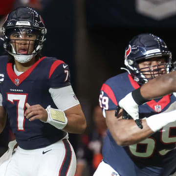 Jan 13, 2024; Houston, Texas, USA; Houston Texans quarterback C.J. Stroud (7) in a 2024 AFC wild card game against the Cleveland Browns at NRG Stadium. Mandatory Credit: Troy Taormina-USA TODAY Sports