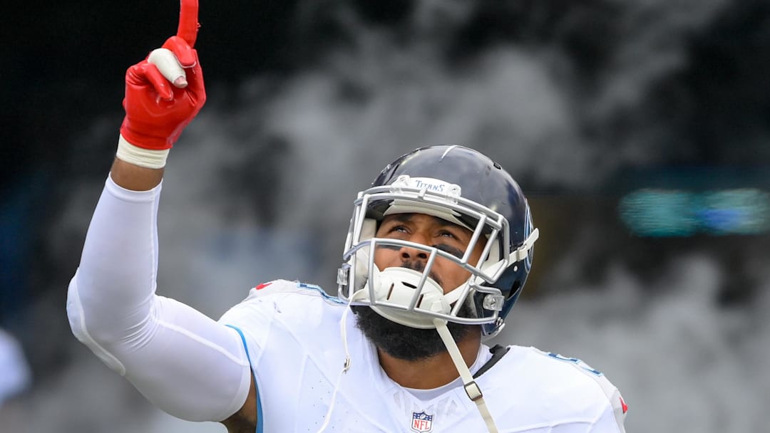 Sep 15, 2024; Nashville, Tennessee, USA;  Tennessee Titans linebacker Harold Landry III (58) takes the field against the New York Jets during the first half at Nissan Stadium. Mandatory Credit: Steve Roberts-Imagn Images