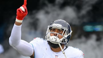 Sep 15, 2024; Nashville, Tennessee, USA;  Tennessee Titans linebacker Harold Landry III (58) takes the field against the New York Jets during the first half at Nissan Stadium. Mandatory Credit: Steve Roberts-Imagn Images