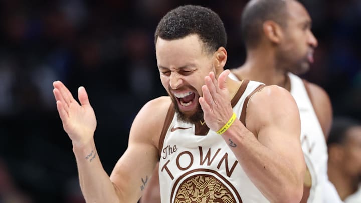 Jan 22, 2026; Dallas, Texas, USA; Golden State Warriors guard Stephen Curry (30) reacts during the second half against the Golden State Warriors at American Airlines Center. Mandatory Credit: Kevin Jairaj-Imagn Images