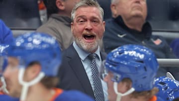 Dec 2, 2025; Elmont, New York, USA; New York Islanders head coach Patrick Roy coaches against the Tampa Bay Lightning during the third period at UBS Arena. Mandatory Credit: Brad Penner-Imagn Images