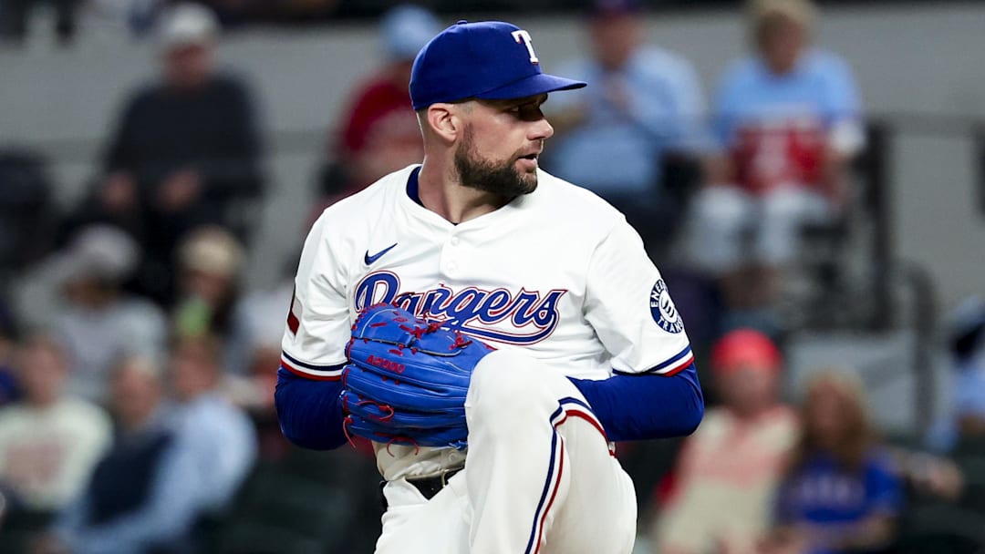 Apr 30, 2025; Arlington, Texas, USA;  Texas Rangers starting pitcher Nathan Eovaldi (17) throws during the first inning against the Oakland Athletics at Globe Life Field. Mandatory Credit: Kevin Jairaj-Imagn Images