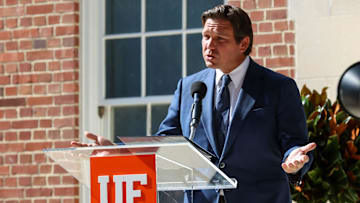 Florida Gov. Ron DeSantis speaks at the ground breaking of the University of Florida's new Hamilton Center at the former UF infirmary building on Nov. 19, 2025, in Gainesville.