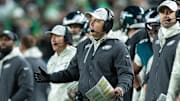 Nov 14, 2024; Philadelphia, Pennsylvania, USA; Philadelphia Eagles offensive coordinator Kellen Moore reacts during the third quarter of a game against the Washington Commanders at Lincoln Financial Field. Mandatory Credit: Bill Streicher-Imagn Images