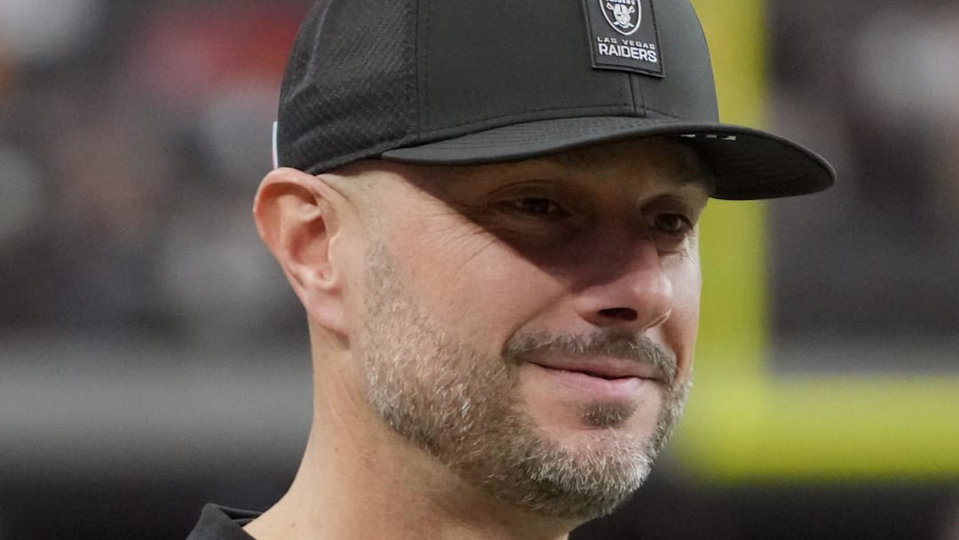 Jan 4, 2026; Paradise, Nevada, USA; Las Vegas Raiders general manager John Spytek reacts during the game against the Kansas City Chiefs at Allegiant Stadium. Mandatory Credit: Kirby Lee-Imagn Images