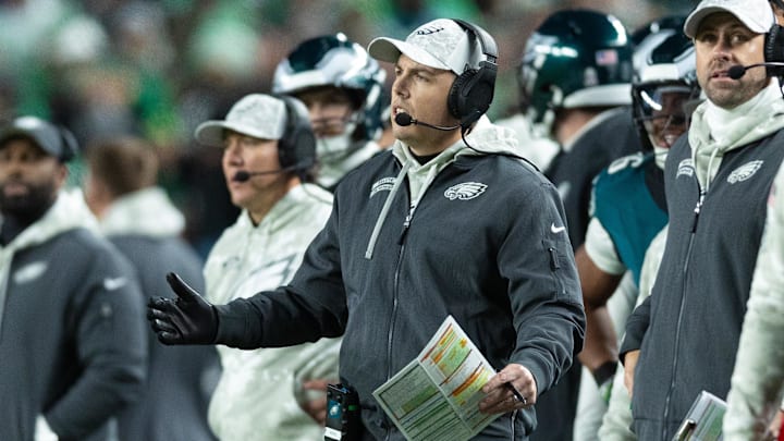 Nov 14, 2024; Philadelphia, Pennsylvania, USA; Philadelphia Eagles offensive coordinator Kellen Moore reacts during the third quarter of a game against the Washington Commanders at Lincoln Financial Field. Mandatory Credit: Bill Streicher-Imagn Images