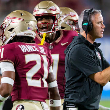 Florida State Seminoles head coach Mike Norvell leads FSU to the team   s first victory of the season with a win over the LSU Tigers at Camping World Stadium on Sunday, Sept. 3, 2023.