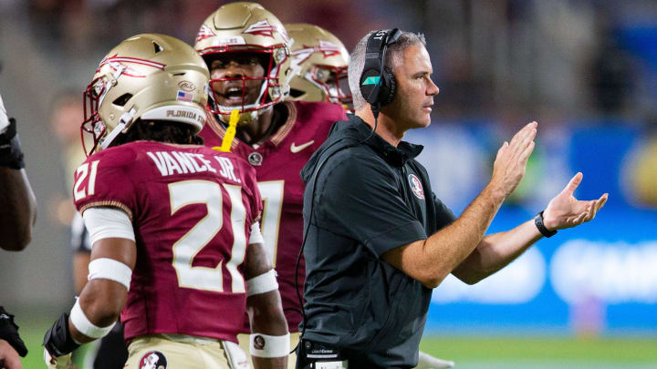 Florida State Seminoles head coach Mike Norvell leads FSU to the team   s first victory of the season with a win over the LSU Tigers at Camping World Stadium on Sunday, Sept. 3, 2023.