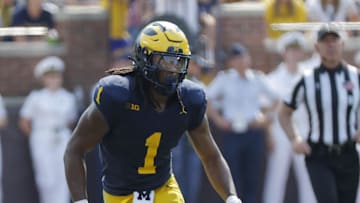 Sep 14, 2024; Ann Arbor, Michigan, USA;  Michigan Wolverines linebacker Jaishawn Barham (1) pursues a play on defense against the Arkansas State Red Wolves at Michigan Stadium. Mandatory Credit: Rick Osentoski-Imagn Images