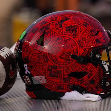 Oct 12, 2024; Laramie, Wyoming, USA; A general view of a San Diego State Aztecs helmet against the Wyoming Cowboys during the fourth quarter at Jonah Field at War Memorial Stadium. Mandatory Credit: Troy Babbitt-Imagn Images