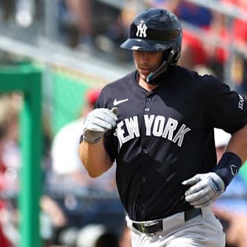 Mar 4, 2025; Clearwater, Florida, USA; New York Yankees first baseman Paul Goldschmidt (48) runs the bases after hitting a two run home run against the Philadelphia Phillies in the third inning during spring training at BayCare Ballpark.