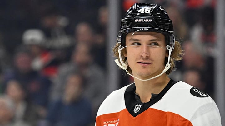 Oct 18, 2025; Philadelphia, Pennsylvania, USA; Philadelphia Flyers center Trevor Zegras (46) against the Minnesota Wild at Wells Fargo Center. Mandatory Credit: Eric Hartline-Imagn Images