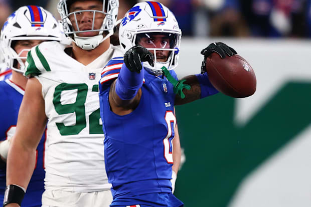 Buffalo Bills wide receiver Keon Coleman signals a first down after catching a pass against the New York Jets.
