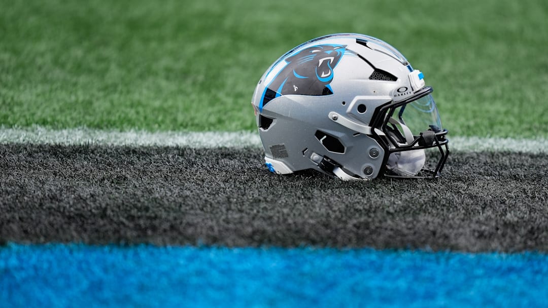 Nov 30, 2025; Charlotte, North Carolina, USA; A view of a Carolina Panthers helmet on the field before the game against the Los Angeles Rams at Bank of America Stadium. 