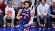 Apr 29, 2025; New York, New York, USA; Detroit Pistons guard Cade Cunningham (2) celebrates after scoring in the third quarter against the New York Knicks during game five of first round for the 2025 NBA Playoffs at Madison Square Garden. Mandatory Credit: Wendell Cruz-Imagn Images