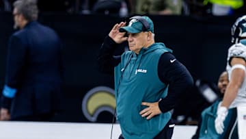 Sep 22, 2024; New Orleans, Louisiana, USA; Philadelphia Eagles defensive coordinator Vic Fangio looks on during the first half against the New Orleans Saints at Caesars Superdome. Mandatory Credit: Stephen Lew-Imagn Images