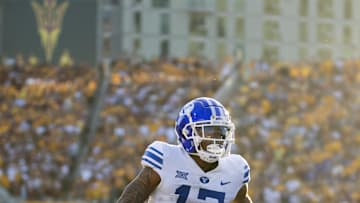 Nov 23, 2024; Tempe, Arizona, USA; Brigham Young Cougars wide receiver Keelan Marion (17) scores a touchdown against the Arizona State Sun Devils at Mountain America Stadium. Mandatory Credit: Mark J. Rebilas-Imagn Images