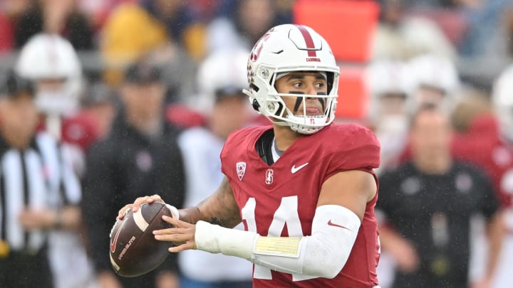 Nov 18, 2023; Stanford, California, USA; Stanford Cardinal quarterback Ashton Daniels (14) looks to throw a pass against the California Golden Bears during the first quarter at Stanford Stadium. Mandatory Credit: Robert Edwards-USA TODAY Sports