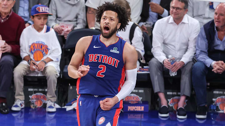 Apr 29, 2025; New York, New York, USA; Detroit Pistons guard Cade Cunningham (2) celebrates after scoring in the third quarter against the New York Knicks during game five of first round for the 2025 NBA Playoffs at Madison Square Garden. Mandatory Credit: Wendell Cruz-Imagn Images Apr 29, 2025; New York, New York, USA; Detroit Pistons guard Cade Cunningham (2) celebrates after scoring in the third quarter against the New York Knicks during game five of first round for the 2025 NBA Playoffs at Madison Square Garden. Mandatory Credit: Wendell Cruz-Imagn Images