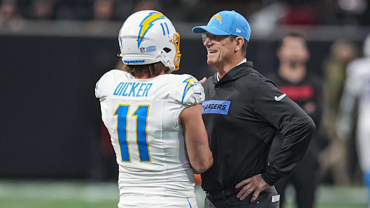 Cameron Dicker and Jim Harbaugh before the Chargers' 17–13 win over the Falcons on Dec. 1, 2024. Cameron Dicker and Jim Harbaugh before the Chargers' 17–13 win over the Falcons on Dec. 1, 2024.