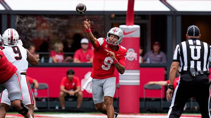 Ohio State Buckeyes quarterback Tavien St. Clair (9) makes a pass in the second half of the NCAA football game at Ohio Stadium on Sept. 5, 2026 in Columbus, Ohio.