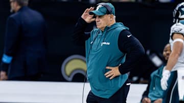Sep 22, 2024; New Orleans, Louisiana, USA; Philadelphia Eagles defensive coordinator Vic Fangio looks on during the first half against the New Orleans Saints at Caesars Superdome.