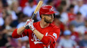 Jul 10, 2024; Cincinnati, Ohio, USA; Cincinnati Reds outfielder Austin Slater (48) at bat in the second inning against the Colorado Rockies at Great American Ball Park.