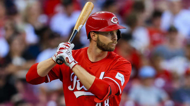 Jul 10, 2024; Cincinnati, Ohio, USA; Cincinnati Reds outfielder Austin Slater (48) at bat in the second inning against the Colorado Rockies at Great American Ball Park.