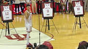 Indiana senior Anthony Leal speaks to the crowd at Simon Skjodt Assembly Hall during Senior Day activities after Indiana's 66-60 victory over Ohio State on March 8, 2025.