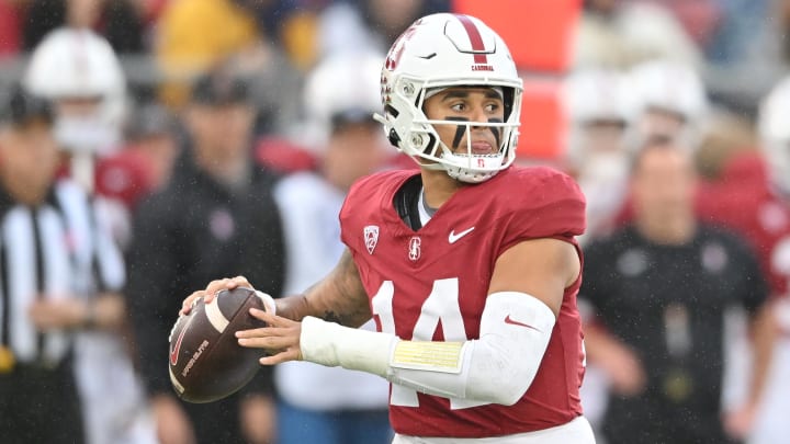 Nov 18, 2023; Stanford, California, USA; Stanford Cardinal quarterback Ashton Daniels (14) looks to throw a pass against the California Golden Bears during the first quarter at Stanford Stadium. Mandatory Credit: Robert Edwards-USA TODAY Sports