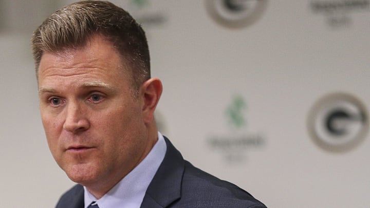 Green Bay Packers general manager Brian Gutekunst addresses the media after the first round of the 2024 NFL draft on Tuesday, April 23, 2024, at Lambeau Field in Green Bay, Wis. The Packers selected Arizona offensive tackle Jordan Morgan with the 25th pick.
Tork Mason/USA TODAY NETWORK-Wisconsin