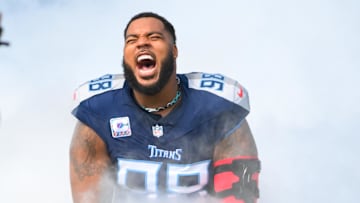 Oct 13, 2024; Nashville, Tennessee, USA;  Tennessee Titans defensive tackle Jeffery Simmons (98) takes the field against the Indianapolis Colts during the first half at Nissan Stadium. Mandatory Credit: Steve Roberts-Imagn Images