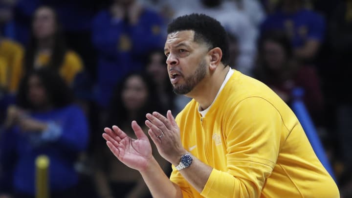 Jan 16, 2024; Pittsburgh, Pennsylvania, USA; Pittsburgh Panthers head coach Jeff Capel reacts on the sidelines against the Syracuse Orange during the first half at the Petersen Events Center. Mandatory Credit: Charles LeClaire-USA TODAY Sports