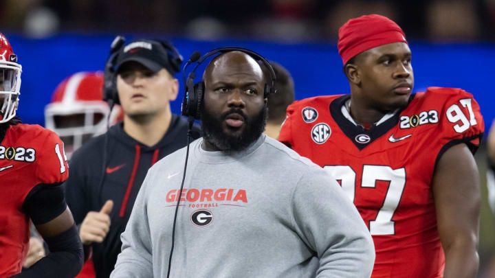 Jan 9, 2023; Inglewood, CA, USA; Georgia Bulldogs co-defensive line coach Tray Scott against the TCU Horned Frogs during the CFP national championship game at SoFi Stadium. Mandatory Credit: Mark J. Rebilas-USA TODAY Sports