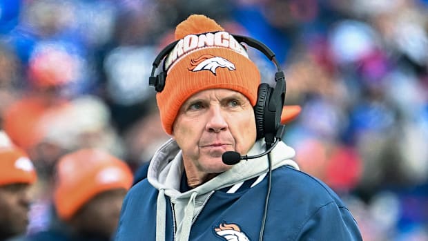 Denver Broncos head coach Sean Payton on the sidelines in the fourth quarter of an AFC wild card game against the Buffalo Bil