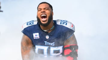 Oct 13, 2024; Nashville, Tennessee, USA;  Tennessee Titans defensive tackle Jeffery Simmons (98) takes the field against the Indianapolis Colts during the first half at Nissan Stadium. Mandatory Credit: Steve Roberts-Imagn Images