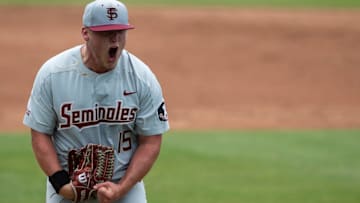 Florida State Seminoles pitcher Parker Messick (15) reacts after ending an inning on a strike as Florida State Seminoles take on UCLA Bruins during the NCAA regional baseball tournament at Plainsman Park in Auburn, Ala., on Friday, June 3, 2022.