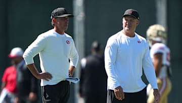 San Francisco 49ers head coach Kyle Shanahan (L) and general manager John Lynch (R)