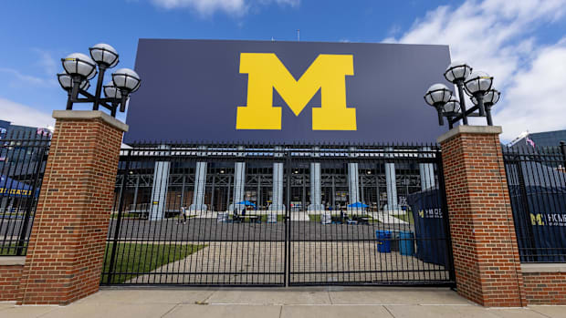 The block M sign outside of Michigan Stadium