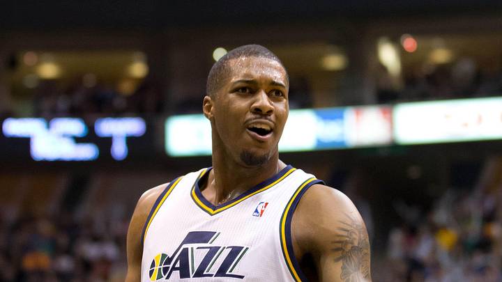 Jan 26, 2013; Salt Lake City, UT, USA; Utah Jazz power forward Derrick Favors (15) reacts to a call during the first half against the Indiana Pacers at EnergySolutions Arena. Mandatory Credit: Russ Isabella-Imagn Images