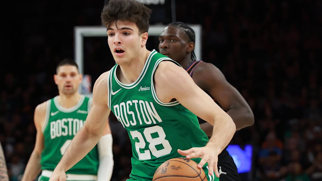 Feb 24, 2026; Phoenix, Arizona, USA; Boston Celtics guard Hugo Gonzalez (28) against the Phoenix Suns at Mortgage Matchup Center. Mandatory Credit: Mark J. Rebilas-Imagn Images