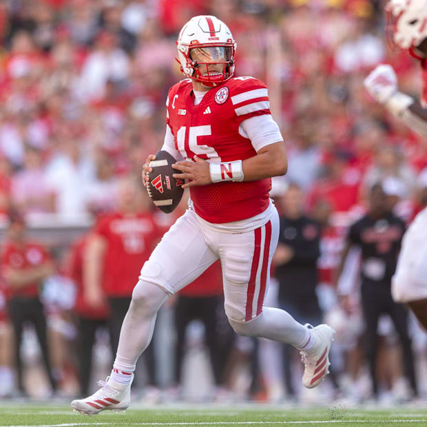 Nebraska quarterback Dylan Raiola looks for a receiver against Michigan.