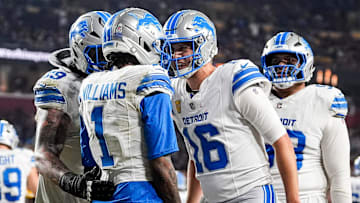 Detroit Lions wide receiver Jameson Williams (1) celebrates a touchdown against Washington Commanders with quarterback Jared Goff (16) during the second half at Northwest Stadium in Landover, Md. on Sunday, November 9, 2025.