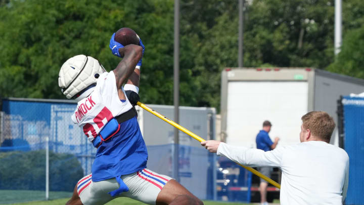 East Rutherford, NJ -- August 1, 2024 -- Safety Jason Pinnock is practicing today at training camp for the New York Giants.