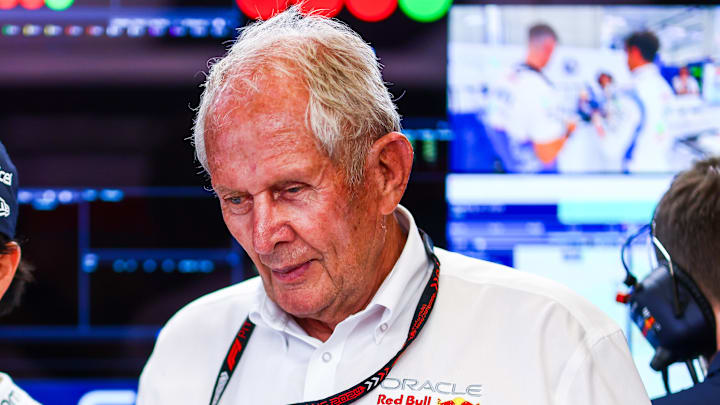 Sergio Perez of Mexico and Oracle Red Bull Racing and Oracle Red Bull Racing Team Consultant Dr Helmut Marko look on in the garage prior to Sprint Qualifying ahead of the F1 Grand Prix of Austria at Red Bull Ring on June 28, 2024 in Spielberg, Austria. 