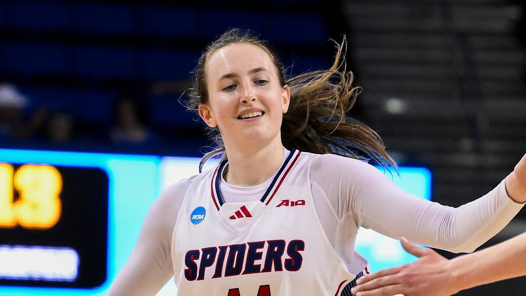 Mar 21, 2025; Los Angeles, California, USA; Richmond Spiders forward Maggie Doogan (44) celebrates with forward Addie Budnik (20) after scoring a basket during the first quarter of an NCAA Tournament first-round game at Pauley Pavilion presented by Wescom. Mandatory Credit: Robert Hanashiro-Imagn Images Mar 21, 2025; Los Angeles, California, USA; Richmond Spiders forward Maggie Doogan (44) celebrates with forward Addie Budnik (20) after scoring a basket during the first quarter of an NCAA Tournament first-round game at Pauley Pavilion presented by Wescom. Mandatory Credit: Robert Hanashiro-Imagn Images