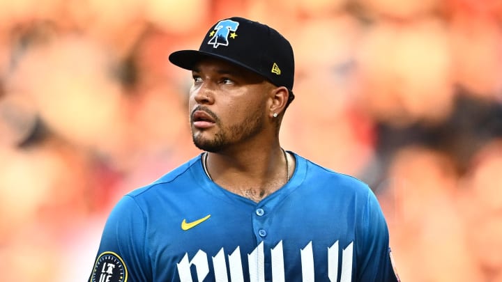 Jun 21, 2024; Philadelphia, Pennsylvania, USA; Philadelphia Phillies starting pitcher Taijuan Walker (99) looks on after allowing three runs against the Arizona Diamondbacks in the third inning at Citizens Bank Park