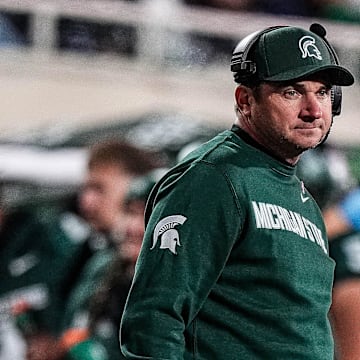 Michigan State head coach Jonathan Smith watches a play against Michigan during the second half at Spartan Stadium in East Lansing on Saturday, October 25, 2025.