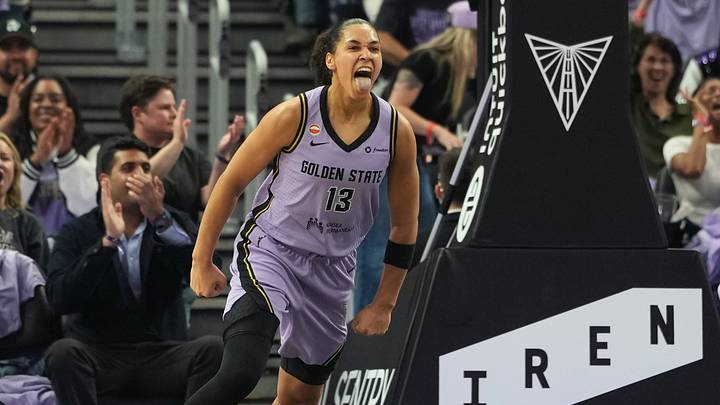 May 10, 2026; San Francisco, California, USA; Golden State Valkyries forward Janelle Salaun (13) reacts after scoring against the Phoenix Mercury during the second quarter at Chase Center. Mandatory Credit: Darren Yamashita-Imagn Images